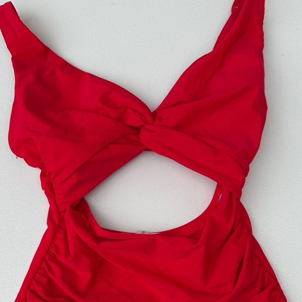 Red Twist-Cut One-Piece Swimsuit with Midriff Cutout - Picture 2 of 5